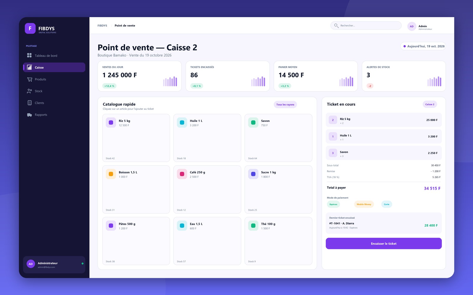 Interface de la solution Lif POS