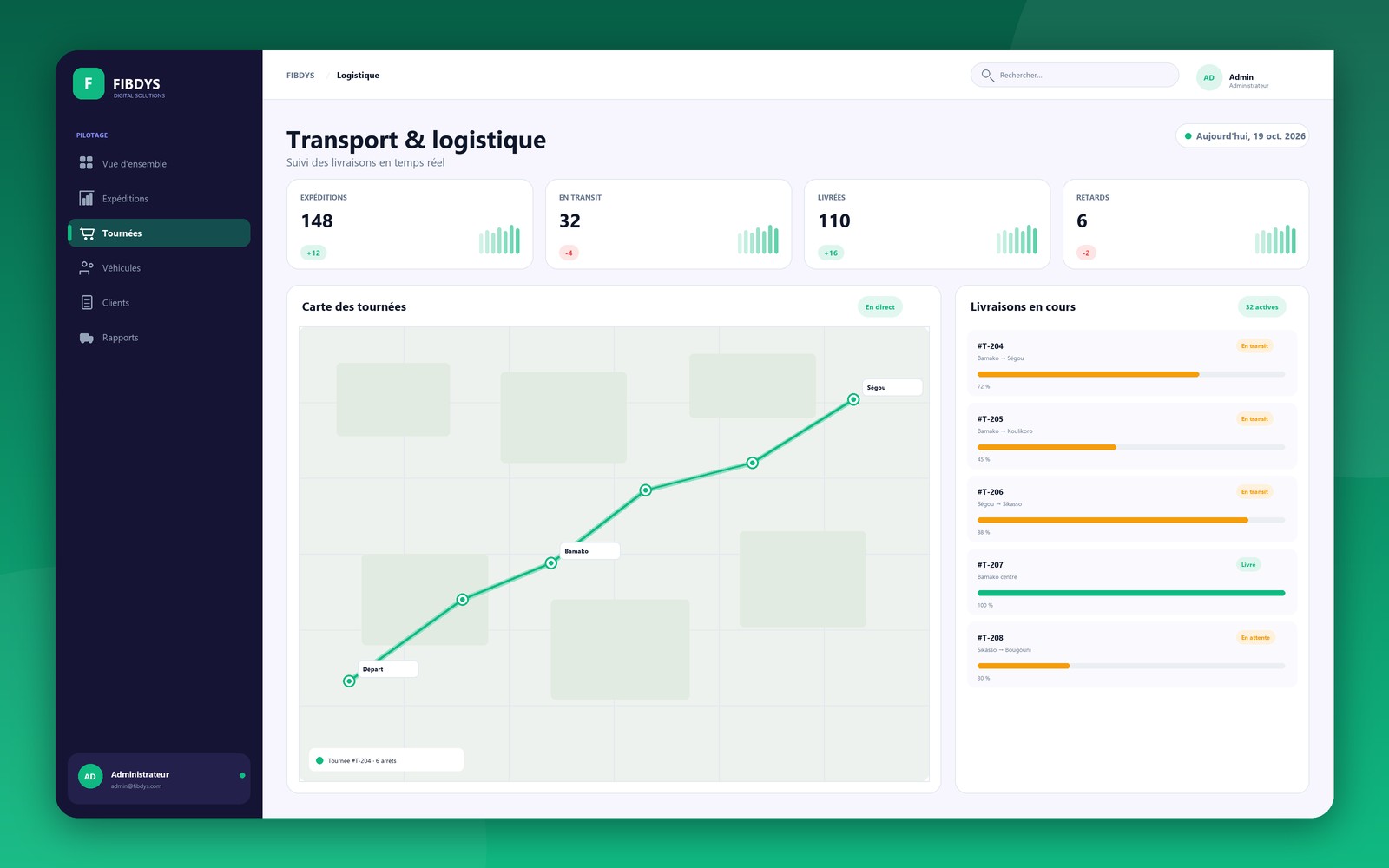 Interface de gestion — secteur Transport & Logistique